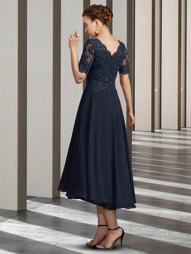 Wholesale A-Line Mother of the Bride Dress Elegant High Low V Neck Asymmetrical Tea Length Chiffon Lace Short Sleeve with Pleats Appliques